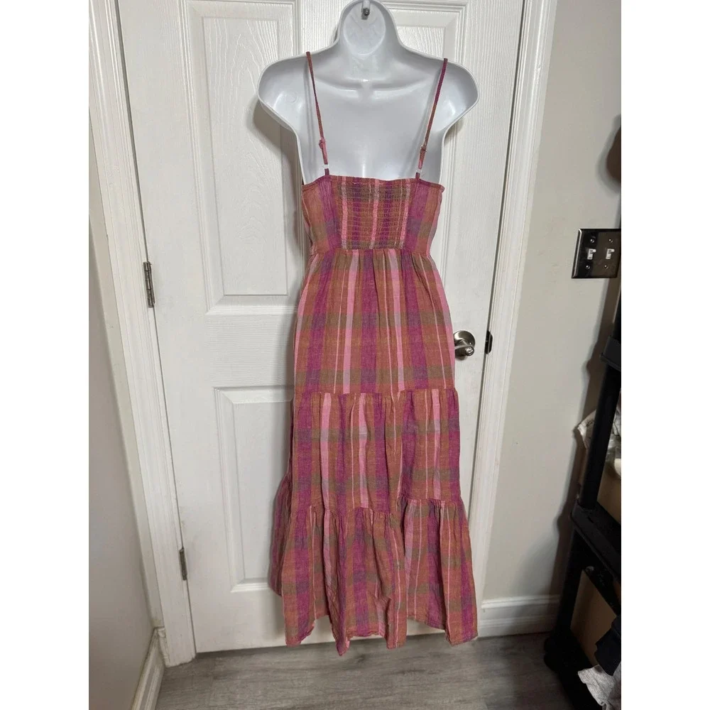 Beachlunchlounge Pink Orange Plaid Linen and cotton Blend Tiered Maxi Dress S - Picture 4 of 5